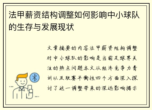 法甲薪资结构调整如何影响中小球队的生存与发展现状